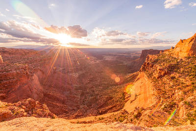 Shafer Trail switchbacks winding down steep canyon walls from Island in the Sky at Shafer Canyon Overlook in Canyonlands National Park Utah