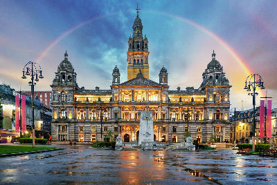 Rainbow over Glasgow City Chambers and George Square, Scotland - UK