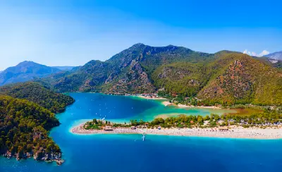 Aerial view of the Blue Lagoon and Ölüdeniz Beach near Fethiye, Turkey.