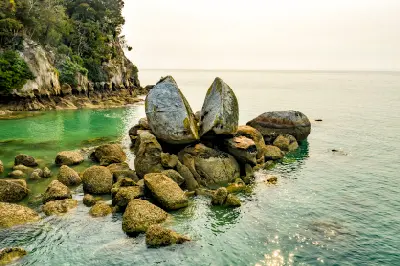 Split Apple Rock sea stack surrounded by clear coastal water in Tasman Bay, New Zealand.