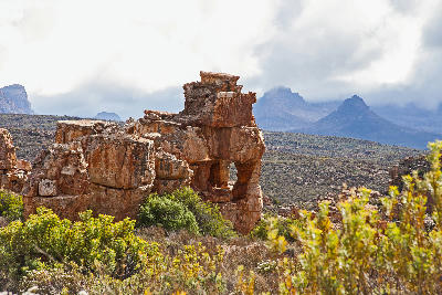 Weathered sandstone rock formation with a natural opening at Truitjieskraal in the Cederberg Wilderness Area, Western Cape, South Africa.