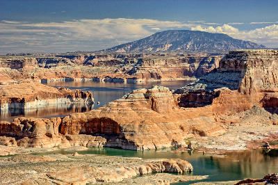 Lake Powell shoreline and layered sandstone formations from Alstrom Point near Page Arizona showing water level bands