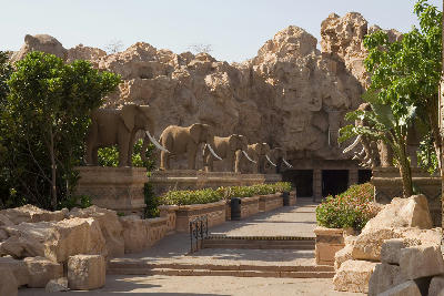 Elephant statues lining the entrance walkway to the Valley of Waves at Sun City Resort, North West Province, South Africa.