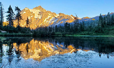 Mount Shuksan reflected in calm water of Picture Lake with golden sunrise light and surrounding evergreen forest, Washington State