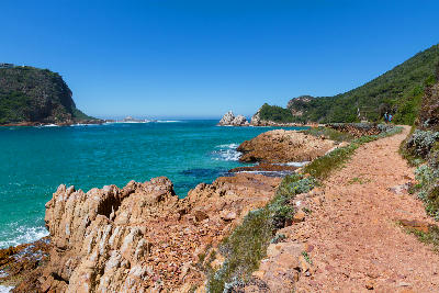Hiking trail along the rocky coastline of Featherbed Nature Reserve near the Knysna Heads on the Garden Route, South Africa.