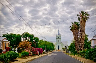 Street view leading toward the Dutch Reformed Church in Prince Albert in the Karoo region of South Africa.