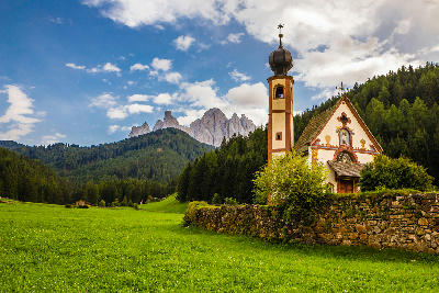 Church of St. John of Nepomuk in Ranui near Santa Maddalena, Val di Funes, South Tyrol, Italy.