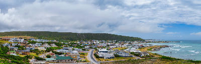 Panoramic view of L’Agulhas and the southern coastline of Cape Agulhas in the Western Cape, South Africa.