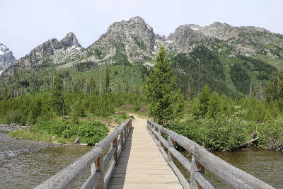 Wooden bridge over water near String Lake leading toward forest and rugged Teton mountains in Grand Teton National Park, Wyoming.