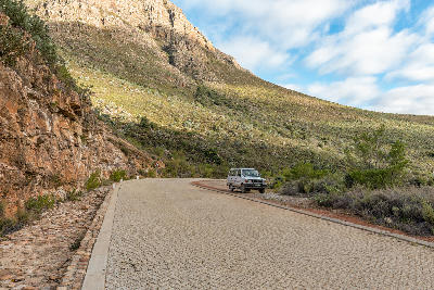Road on Uitkyk Pass climbing through sandstone mountains near Algeria in the central Cederberg.
