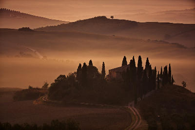 An Amazing panoramic view the golden hour in Podere Belvedere, Tuscany, Italy.