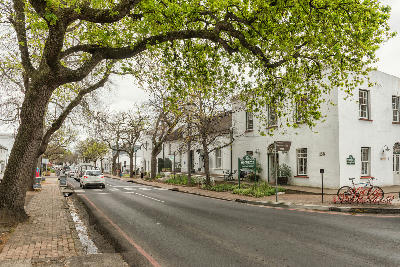 View along oak-lined Dorp Street with historic Cape Dutch buildings in Stellenbosch town centre, Cape Winelands, Western Cape, South Africa.