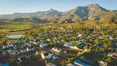 Aerial view of Ladismith with the Klein Swartberg Mountains rising above the town in the Klein Karoo.