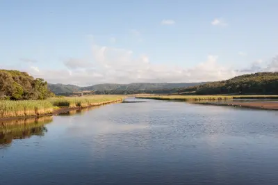 Calm Aire River estuary bordered by wetlands and forested hills in Great Otway National Park, Victoria.