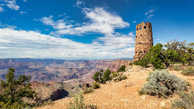 Desert View Watchtower on the Grand Canyon South Rim overlooking canyon layers and the Colorado River