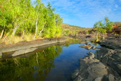 Calm upper pool at Bell Gorge reflects native trees and pandanus growing among smooth Kimberley rock ledges.