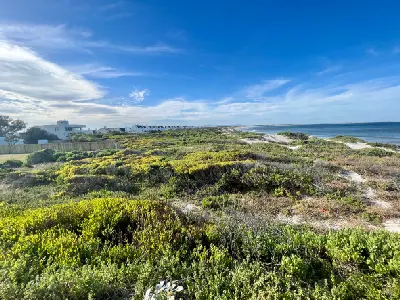 Struisbaai coastal dunes and green fynbos beside the shoreline beneath a wide blue sky in the Western Cape.