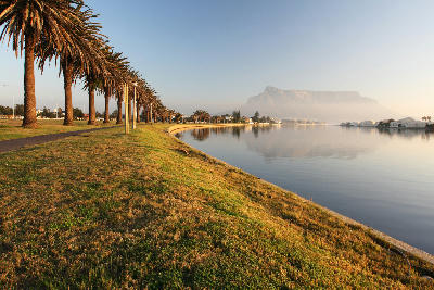 Table Mountain reflected in the calm waters of Milnerton Lagoon with palm trees lining the shoreline in Milnerton, Cape Town, South Africa.