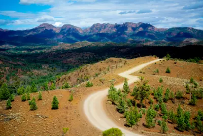 Elevated view of the winding ridge road at Razorback Lookout, surrounded by rocky hills, green native trees and distant Flinders Ranges mountains in South Australia.