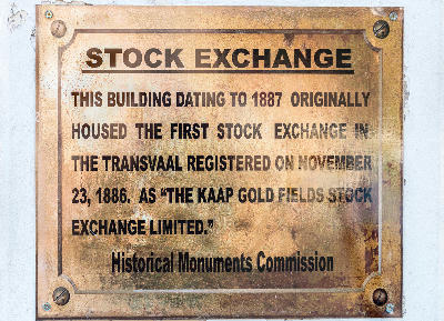 Historic plaque at the De Kaap Stock Exchange in Barberton, Mpumalanga, South Africa.