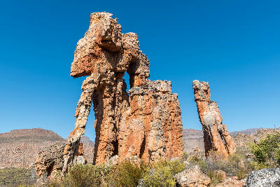 Towering sandstone formations along the Vensterklippe Trail near Dwarsrivier in the Cederberg Mountains, Western Cape, South Africa.