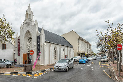 Historic church building and urban streetscape near Dorp Street in Stellenbosch Town Centre, Western Cape, South Africa.