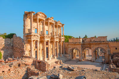 Library of Celsus within the ancient city of Ephesus in İzmir Province, Turkey, showing the preserved stone façade and columns.