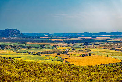 Panoramic view of agricultural fields, fynbos-covered hills and distant mountains near Clanwilliam in the Cederberg Foothills of the Western Cape, South Africa.