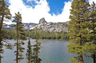 Mammoth Lakes Basin alpine lake pine forest granite peak Sierra Nevada California