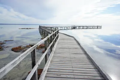 Wooden boardwalk extending over the calm shallow waters of Hamelin Pool.