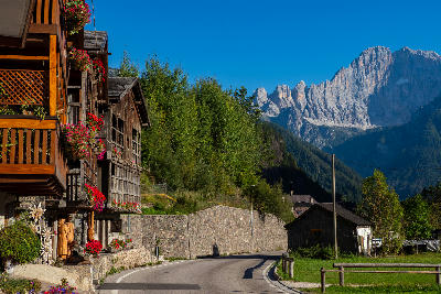 Colourful flowers in bloom in Cortina d’Ampezzo, showing summer colour in the alpine village set within the Dolomites.