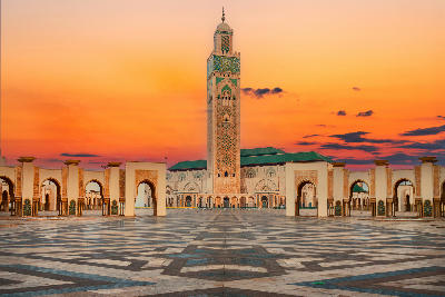 Sunset view of Hassan II Mosque and its towering minaret in Casablanca, Morocco