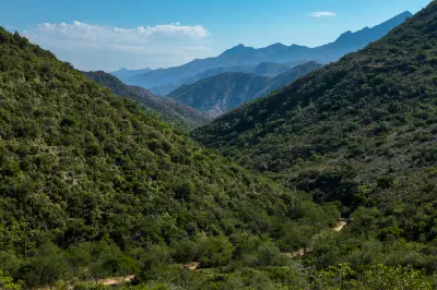 Green valley and layered mountain ridges in the Kouga Mountains, Eastern Cape, South Africa.