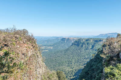 View from God’s Window near Graskop, South Africa, showing sheer escarpment cliffs, dense indigenous forest and expansive Lowveld landscapes stretching into the distance beneath a clear blue sky.