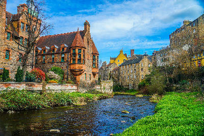 Well Court building beside the Water of Leith in Dean Village, Edinburgh.