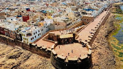 Aerial view of Skala de la Kasbah and the fortified Atlantic walls of Essaouira Medina, Morocco