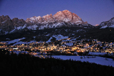 Cortina d’Ampezzo set within the Dolomite mountains, showing the alpine town surrounded by rugged peaks in northern Italy.
