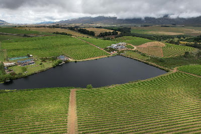 Drone view of vineyards, agricultural fields, and wine estate landscapes in the Hemel-en-Aarde Valley near Hermanus with mountains and low clouds in the background.