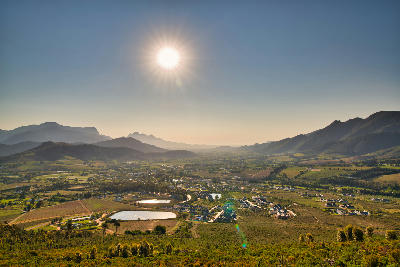 Aerial view of vineyards, farmland and valley landscape in the Stellenbosch area of the Cape Winelands, Western Cape, South Africa.