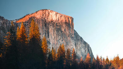 El Capitan Yosemite National Park at sunset with orange light on granite cliff above pine forest.
