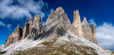 Tre Cime di Lavaredo peaks seen from the Auronzo to Lavaredo trail in the Dolomites, Italy.