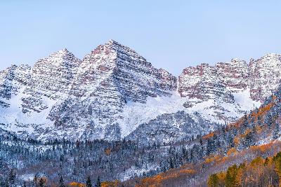 Maroon Bells close up snow autumn Aspen Colorado