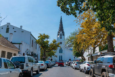 Historic Dutch Reformed Church in Stellenbosch Town Centre with oak-lined streets and Cape Dutch architecture in South Africa.