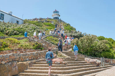 Visitors climbing the stone steps to the Cape Point Lighthouse viewpoint on the Cape Peninsula in Table Mountain National Park, South Africa.