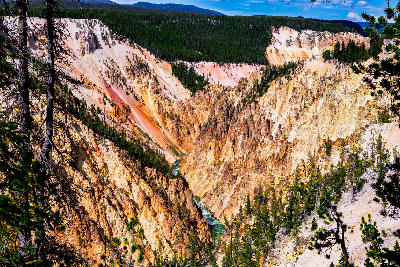 Panoramic view of the Grand Canyon of the Yellowstone from Lookout Point showing vivid canyon colours and the river below